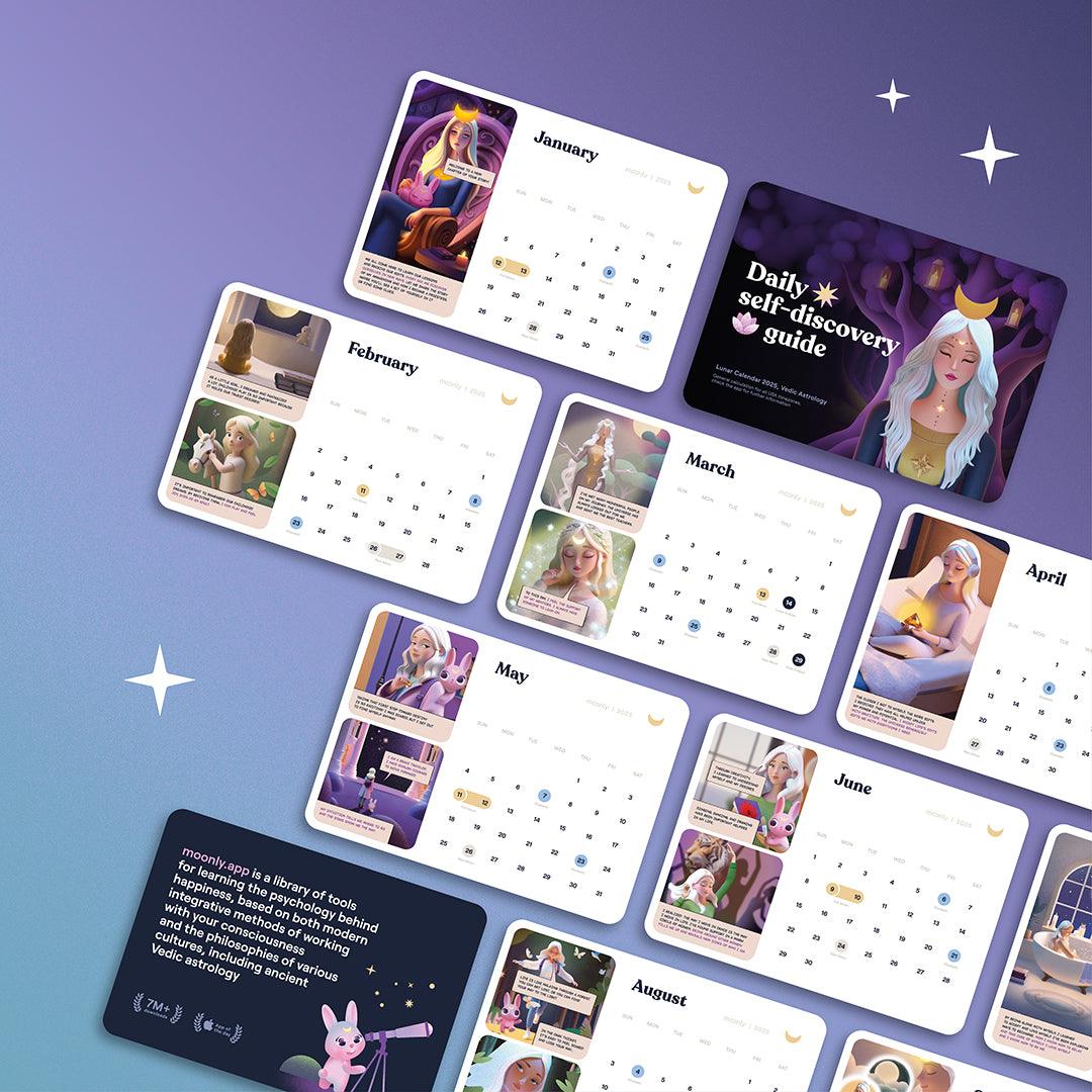 Moonly 2025 Lunar Calendar Hanging on a Wall with Ritual Items