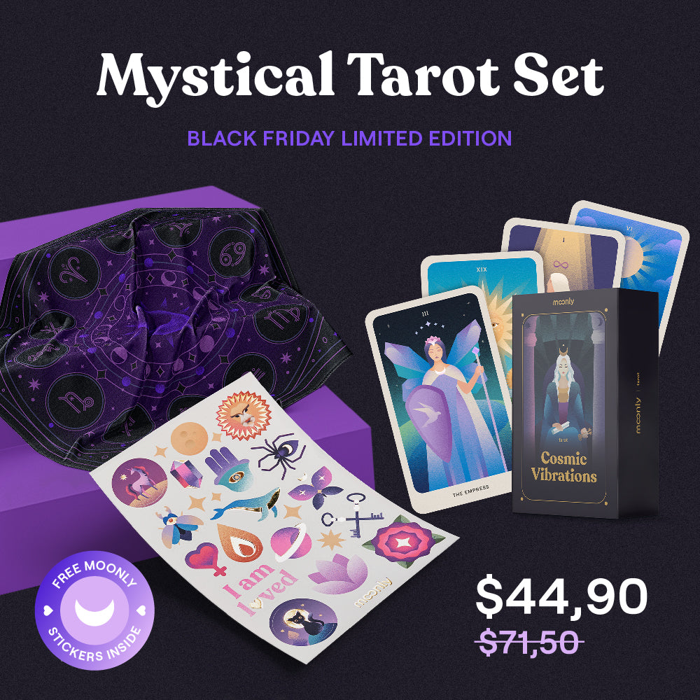 Mystical Tarot Set with unique tarot deck, silk cloth, and Moonly sticker gift